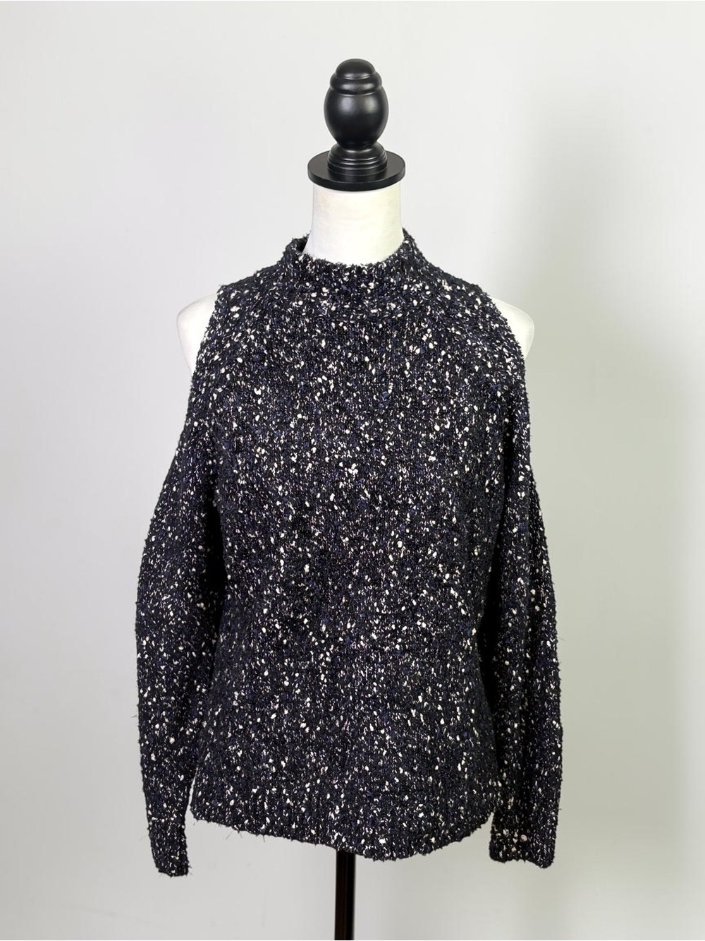 Rebecca Taylor Boucle Cold-Shoulder Mock-Neck Sweater Navy Black White M - Picture 5 of 14